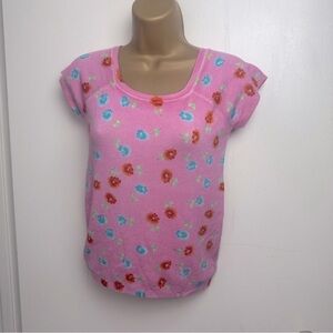 Cache Pink‎ With Blue & Red Floral Rayon 90’s/Y2K Vintage Short Sleeve Top M